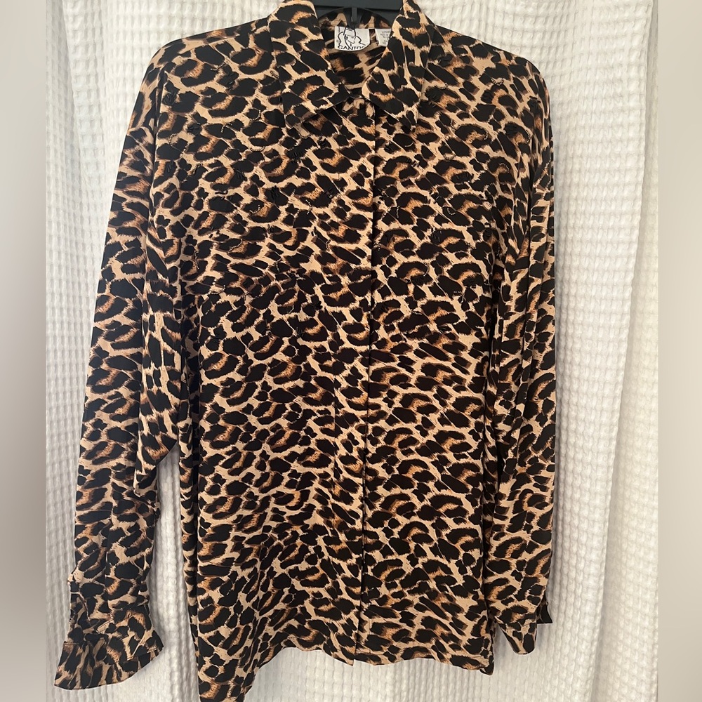 GANTO’S Women’s Silk Cheetah Print Long Sleeve Blouse, Large